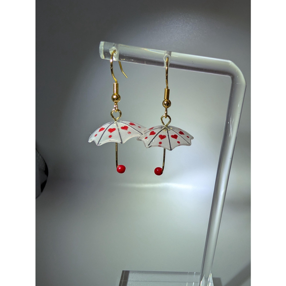 Umbrella Red and White Heart Dangles Gold Tone Stainless Steel Hooks - Picture 7 of 9
